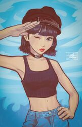  absurdres april_jubilees artist_name black_collar black_hair black_hat black_tank_top blue_pants breasts cloud collar crop_top denim english_commentary female grey_eyes hand_on_own_hip hat highres jeans k-pop kim_chae-won le_sserafim lips looking_to_the_side midriff mole mole_on_stomach navel one_eye_closed pants real_life red_lips salute short_hair sky small_breasts smile solo tank_top 