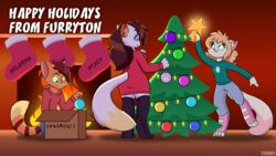  16:9 4k absurd_res anthro christmas christmas_decorations christmas_tree domestic_cat english_text felid feline felis female group hi_res holidays john_rogers_(travis_the_dragon) male mammal mileena_smith_(travis_the_dragon) plant stacy_smith_(travis_the_dragon) text travis_the_dragon tree trio ugly_sweater widescreen 