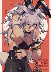  1boy absurdres alternate_costume anger_vein animal_ears blush clenched_teeth commentary fake_animal_ears grey_hair highres long_hair loose_clothes male_focus male_playboy_bunny millennium_ring pectorals playboy_bunny rabbit_ears red_eyes solo spiked_hair sweatdrop teeth translation_request xiao_(creation0528) yami_bakura yu-gi-oh! yu-gi-oh!_duel_monsters 