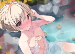  blonde_hair blue_archive blush breasts collarbone female food fruit halo highres looking_at_viewer naked_towel nodoka_(blue_archive) nodoka_(hot_spring)_(blue_archive) onsen open_mouth orange_halo partially_submerged paru_364364 red_eyes short_hair small_breasts solo towel water white_towel yuzu_(fruit) yuzu_bath 