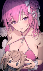  bare_shoulders black_background blush breasts cleavage doll dorothy_(nikke) dorothy_(nostalgia)_(nikke) female from_above goddess_of_victory:_nikke hair_bun hair_ornament haoni highres holding holding_doll large_breasts long_hair looking_at_viewer official_alternate_costume parted_lips pink_hair pinne_(nikke) purple_eyes simple_background single_hair_bun smile wings 