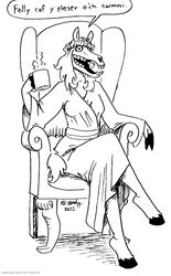  2022 anthro black_and_white bone breasts chair christmas clothed clothing container crossed_legs cup dialogue equid equine european_mythology female fingers fur furniture hair hi_res holidays hooved_fingers hooves horse mammal mari_lwyd monochrome mythology robe sitting skull skull_head solo tail tegerio text translated welsh_mythology welsh_text 