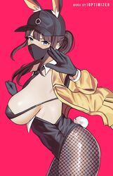  animal_ears artist_name baseball_cap bikini black_bikini black_headwear black_leotard breastless_clothes breasts brown_hair detached_collar dima_(girls&#039;_frontline) fake_animal_ears fake_tail female fishnet_pantyhose fishnets from_side girls&#039;_frontline hat highleg highleg_leotard highres io_troublemaker jacket leotard long_hair mask mouth_mask necktie pantyhose playboy_bunny ponytail rabbit_ears rabbit_tail sideboob simple_background strapless strapless_leotard swimsuit tail yellow_jacket 