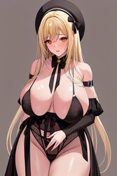  ai-generated arm_belt bare_shoulders beret black_bow black_bowtie black_bra black_headwear blonde_hair blush bow bowtie bra breasts detached_sleeves female frilled_sleeves frills grey_background groin hat highleg highleg_panties hyulla large_breasts lingerie long_hair looking_at_viewer open_mouth original panties see-through skindentation teddy_(lingerie) thick_thighs thighs underwear yellow_eyes 