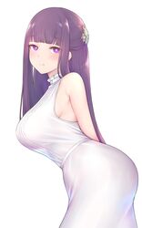  :t arms_behind_back blunt_bangs breasts chinese_commentary closed_mouth commentary_request dated_commentary dress female fern_(sousou_no_frieren) from_side hair_ornament highres large_breasts leaning_forward long_hair looking_at_viewer nikuku_(kazedesune) pout purple_eyes purple_hair simple_background solo sousou_no_frieren straight_hair very_long_hair white_background white_dress 