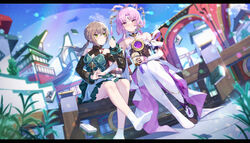  2girls absurdres bare_shoulders blush bow-shaped_hair closed_mouth detached_sleeves dress food forehead_jewel fu_xuan_(honkai:_star_rail) geez hair_ornament hair_rings hair_stick highres holding_hands honkai:_star_rail honkai_(series) ice_cream long_hair md5_mismatch multiple_girls outdoors pantyhose parted_bangs pink_hair purple_rope qingque_(honkai:_star_rail) rope sitting soles tassel tassel_hair_ornament twintails white_pantyhose yellow_eyes 