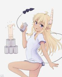  2023 :p absurdres ahoge arm_at_side artist_name ass blonde_hair bottomless can closed_mouth commentary cowboy_shot dark-skinned_female dark_skin dated dated_commentary demon_girl demon_horns demon_tail eyelashes female floating_hair hair_between_eyes hand_up heart highres holding holding_can horns knee_up light_blush lilith_(machikado_mazoku) long_hair looking_at_viewer machikado_mazoku pointy_ears purple_eyes shirt short_sleeves sidelocks simple_background smile solo standing standing_on_one_leg tail tail_raised tongue tongue_out white_background white_shirt yunoppi 