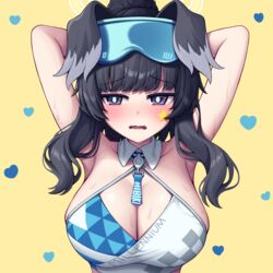  absurdres animal_ears armpits arms_behind_head black_eyes black_hair blue-tinted_eyewear blue_archive breasts clothes_writing detached_collar dog_ears eyewear_on_head female halterneck heart heart_background hibiki_(blue_archive) hibiki_(cheer_squad)_(blue_archive) highres long_hair metaljelly millennium_cheerleader_outfit_(blue_archive) official_alternate_costume solo sweat tinted_eyewear upper_body yellow_background 