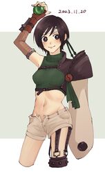  arm_up armor armpits blush border breasts bright_pupils brown_eyes brown_gloves brown_hair brown_shorts closed_mouth commentary cropped_legs dated female final_fantasy final_fantasy_vii fingerless_gloves fishnet_gloves fishnets forehead_protector garter_straps gloves green_background green_sweater groin headband holding letterboxed light_smile lips looking_at_viewer materia medium_breasts midriff navel nitoya_00630a open_fly outside_border pauldrons ribbed_sweater short_hair short_shorts shorts shoulder_armor single_bare_shoulder single_pauldron sleeveless sleeveless_sweater sleeveless_turtleneck smile solo standing sweater swept_bangs turtleneck very_short_hair white_border white_pupils yuffie_kisaragi 