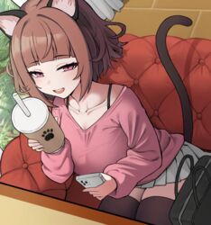  animal_ears bag black_thighhighs blunt_bangs bra_strap breasts brown_hair cat_ears cat_girl cat_tail cellphone collarbone commentary couch cup drinking_straw dutch_angle female from_above half-closed_eyes hashtag-only_commentary holding holding_cup holding_phone kmnz large_breasts long_sleeves looking_at_viewer mc_liz miniskirt nago_purin open_mouth phone pink_sweater pleated_skirt purple_eyes short_hair skirt smartphone smile solo sweater tail thighhighs virtual_youtuber white_skirt zettai_ryouiki 