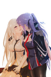  2girls absurdres azur_lane black_gloves black_pantyhose black_skirt blue_dress blue_jacket blush breasts dress enterprise_(azur_lane) essex_(azur_lane) gloves half_gloves highres imminent_kiss jacket long_hair looking_at_another loose_necktie medium_breasts microdress miniskirt multiple_girls necktie pantyhose pleated_skirt purple_hair red_eyes red_necktie rideth_mochi shirt simple_background skirt sleeveless sleeveless_shirt white_background white_hair white_shirt yuri 