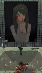  black_hair blood blood_on_clothes blood_on_face blood_on_hands blue_eyes cup female hair_between_eyes hand_on_own_face highres long_hair looking_at_mirror looking_at_viewer migato mirror off_shoulder original signature sink solo tank_top tile_wall tiles toothbrush 