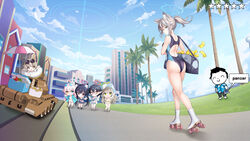  6+girls absurdres animal_ear_fluff animal_ears ass ayane_(blue_archive) ayane_(swimsuit)_(blue_archive) backless_outfit bare_back bare_shoulders black_one-piece_swimsuit blue_archive blue_eyes blue_sky breasts building chibi chinese_commentary cloud commentary_request competition_swimsuit cooler cosplay cross_hair_ornament crusader_(tank) day doodle_sensei_(blue_archive) extra_ears fisheye foreclosure_task_force_(blue_archive) from_behind grand_theft_auto grand_theft_auto:_vice_city grand_theft_auto_vi grey_hair hair_ornament halo hifumi_(blue_archive) hifumi_(swimsuit)_(blue_archive) highres hoshino_(blue_archive) hoshino_(swimsuit)_(blue_archive) looking_at_viewer low_ponytail medium_breasts medium_hair military_vehicle mismatched_pupils motor_vehicle multicolored_clothes multicolored_swimsuit multiple_girls nonomi_(blue_archive) nonomi_(swimsuit)_(blue_archive) official_alternate_costume okazakileo one-piece_swimsuit outdoors palm_tree roller_skates sensei_(blue_archive) serika_(blue_archive) serika_(swimsuit)_(blue_archive) shiroko_(blue_archive) shiroko_(swimsuit)_(blue_archive) skates sky swimsuit tank tommy_vercetti tommy_vercetti_(cosplay) tree wolf_ears 