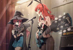  2girls absurdres black_bow black_bowtie black_cloak black_leotard black_pantyhose blue_skirt blush bocchi_the_rock! bow bowtie breasts cleavage cloak cosplay detached_collar electric_guitar g9in32 gibson_les_paul god_knows... gotoh_hitori guitar hat highres instrument kita_high_school_uniform kita_ikuyo leotard medium_breasts microphone microphone_stand multiple_girls music nagato_yuki nagato_yuki_(cosplay) orange_hair pantyhose parody pink_hair playboy_bunny playing_instrument school_uniform shirt singing skirt strapless suzumiya_haruhi suzumiya_haruhi_(cosplay) suzumiya_haruhi_no_yuuutsu sweat white_shirt witch_hat yamaha_pacifica 