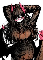  ;o arms_behind_head black_hair black_sweater black_tail black_wings breasts colored_skin commentary contrapposto curvy demon_girl demon_horns demon_tail female hair_between_eyes highres horns huge_breasts large_breasts limited_palette long_hair merii_(mazohaha) musuko_ga_kawaikute_shikatanai_mazoku_no_hahaoya one_eye_closed red-framed_eyewear red_eyes red_horns ribbed_sweater semi-rimless_eyewear simple_background sweater tail thighs under-rim_eyewear white_background white_skin wings zyugoya 