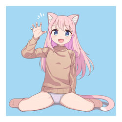  :d animal_ears bare_legs blue_background blue_eyes brown_sweater cat_ears cat_girl cat_tail claw_pose dot_nose female full_body grey_panties hair_between_eyes hand_up highres long_hair long_sleeves looking_at_viewer no_pants oerba_yun_fang open_mouth original panties pink_hair saiste simple_background sitting skin_fang smile solo sweater tail underwear wariza 