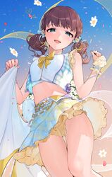  bare_shoulders blue_eyes blue_sky bow bowtie brown_hair commentary_request feet_out_of_frame female floating floating_object flower frilled_skirt frills hair_flower hair_ornament hairbow hands_up highres holding holding_clothes idolmaster idolmaster_cinderella_girls koyo_akio looking_at_viewer looking_down midriff miniskirt open_mouth sakuma_mayu shirt skirt sky smile solo thighs twintails white_bow white_flower white_shirt white_skirt wrist_wrap yellow_bow yellow_bowtie 