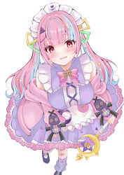  absurdres apron bandaid bandaid_on_leg bare_shoulders blue_hair blunt_bangs blush bow bowtie breasts brooch character_doll commentary_request cosplay dress embarrassed fanged_bangs female frilled_apron frilled_dress frills from_above highres holding holding_wand hololive jacket jacket_partially_removed jewelry long_hair long_sleeves looking_at_viewer loose_socks magical_girl maid_headdress mary_janes medium_breasts minato_aqua multicolored_hair murasaki_shion murasaki_shion_(cosplay) murasaki_shion_(magical_girl_maid) nervous_smile nervous_sweating open_clothes open_jacket oyuharu pink_bow pink_bowtie pink_eyes pink_jacket purple_dress purple_footwear purple_hair purple_socks shiokko_(murasaki_shion) shoes short_dress simple_background single_loose_sock sleeveless sleeveless_dress smile socks solo star_brooch streaked_hair sweat triangle_hair_ornament twintails two-tone_hair virtual_youtuber waist_apron wand white_apron white_background 