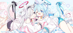  2girls ;d alternate_costume animal_collar animal_ear_fluff animal_ears arona_(blue_archive) bare_shoulders barefoot black_shorts blue_archive blush braid cat_ears cat_tail collar doodle_sensei_(blue_archive) feet_up hair_over_one_eye halo heart highres kemonomimi_mode looking_at_viewer lying multiple_girls oerba_yun_fang off-shoulder_shirt off_shoulder on_stomach one_eye_closed paw_print pixel_heart plana_(blue_archive) red_halo ribbon sensei_(blue_archive) shirt short_shorts shorts single_braid skin_fang smile soles subin_(subin_2011) tail tail_ornament tail_ribbon toes tongue tongue_out white_shirt 