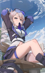  absurdres arm_behind_head aton_(user_kufr5245) black_footwear bottle cloud cloudy_sky commentary crossed_bangs day drill_hair eyewear_on_head feet_out_of_frame female grey_eyes grey_hair highres honkai:_star_rail honkai_(series) leg_up legs long_hair long_sleeves looking_at_viewer mouth_hold navel on_bench outdoors ponytail silver_wolf_(honkai:_star_rail) sitting sky solo thigh_strap thighs 