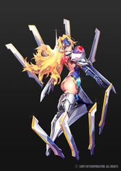  :o arm_blade armor ass backless_outfit blazblue blonde_hair blue_eyes blue_gloves blush destiny_child dual_wielding elbow_gloves female floating floating_object floating_weapon forehead_protector from_behind gloves headgear holding leg_armor looking_at_viewer looking_back mecha mecha_musume mu-12 noel_vermillion punc_p revealing_clothes robot robot_ears shoulder_armor weapon 