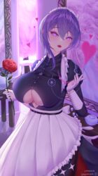  absurdres apron azur_lane bellona_(armed_to_clean)_(azur_lane) bellona_(azur_lane) breasts chest_belt clothing_cutout commission eeyoosekedooaat female flower gloves hair_between_eyes heart heart-shaped_pupils highres holding holding_flower indoors juliet_sleeves large_breasts long_sleeves looking_at_viewer maid_apron maid_headdress official_alternate_costume pixiv_commission puffy_sleeves purple_eyes purple_hair red_flower red_lips red_rose rose short_hair solo symbol-shaped_pupils underboob underboob_cutout white_apron white_gloves 