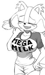  2023 3:5 absurd_res anthro badger big_breasts black_and_white blush blush_lines bottomwear breasts callmewritefag closed_eyes clothed clothing digital_drawing_(artwork) digital_media_(artwork) english_text female fur hi_res holding_shoulder huge_breasts mammal mega_milk meme monochrome mustelid musteline open_mouth screentone sega shirt shorts simple_background smile solo sonic_boom sonic_the_hedgehog_(series) standing sticks_the_jungle_badger tail text text_on_clothing text_on_shirt text_on_topwear topwear 