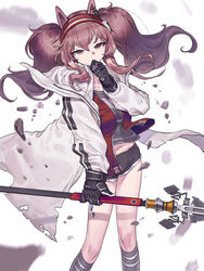  angelina_(arknights) animal_ears arknights black_gloves brown_hair coat contrapposto covered_mouth covering_own_mouth cowboy_shot debris expressionless female finger_to_mouth fox_ears fox_girl gloves grey_shirt grey_shorts grey_socks hair_between_eyes hairband hand_over_own_mouth hand_up highres holding holding_weapon jacket kneehighs long_hair long_sleeves looking_at_viewer material_growth motion_blur open_clothes open_coat open_jacket orange_eyes oripathy_lesion_(arknights) red_hairband red_jacket shirt shorts sidelocks siguya socks solo standing thinking torn_clothes torn_coat twintails unzipped weapon white_background white_coat 