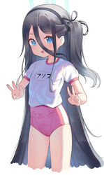  absurdres aris_(blue_archive) black_hair black_hairband blue_archive buruma character_name commentary cowboy_shot cropped_legs double_v english_commentary female gym_shirt gym_uniform hair_between_eyes hairband highres long_bangs long_hair looking_at_viewer name_tag one_side_up parted_lips qkracho_(thesdroz) red_buruma shirt short_sleeves sidelighting simple_background smile solo v very_long_hair white_background 