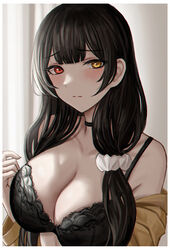  bare_shoulders black_bra black_choker black_hair blush bra breasts choker cleavage closed_mouth collarbone commentary_request female girls&#039;_frontline hair_ornament hair_scrunchie heterochromia highres large_breasts long_hair long_sleeves looking_at_viewer off_shoulder red_eyes ro635_(girls&#039;_frontline) scrunchie selcky solo underwear upper_body white_scrunchie yellow_eyes 