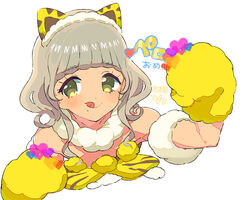  animal_ears animal_hands animal_print bare_shoulders brown_hair cat_ears commentary_request cropped_torso curly_hair fake_animal_ears female fur_collar gloves hairband hand_up heart idol_clothes looking_at_viewer moudoku_(decopon3rd) paw_gloves pretty_series pripara short_hair simple_background smile solo taiyo_pepper tiger_print tongue tongue_out translation_request upper_body white_background yellow_eyes yellow_hairband 