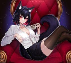  absurdres akame_(vtuber) animal_ear_fluff animal_ears antenna_hair artist_name black_hair black_skirt black_thighhighs breasts button_gap cleavage closed_mouth collarbone collared_shirt colored_inner_hair commentary commission cup dress_shirt english_commentary evangellium female fox_ears fox_tail hair_between_eyes highres holding holding_cup indie_virtual_youtuber light_blush long_sleeves looking_at_viewer medium_breasts multicolored_hair partially_unbuttoned pencil_skirt red_eyes red_hair shirt short_hair skirt solo tail teacup thighhighs throne virtual_youtuber white_shirt wing_collar 