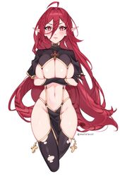  artist_name black_gloves black_thighhighs breasts bright_pupils cleavage commission cowboy_shot cross crossed_arms elf english_commentary female frown gloves groin highres large_breasts long_hair long_pointy_ears looking_at_viewer metalkrot navel original pelvic_curtain pointy_ears red_eyes red_hair shrug_(clothing) simple_background solo symbol-shaped_pupils thighhighs torn_clothes torn_thighhighs very_long_hair white_background white_pupils x-shaped_pupils 