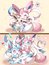  2023 3:4 3_toes ?! ^_^ ambiguous/ambiguous ambiguous_gender aroma_choco black_inner_ear blue_body blue_ears blue_eyes blue_fur blue_inner_ear blush bow_(feature) closed_eyes colored cute_fangs digital_media_(artwork) duo ear_bow eevee eeveelution evolution_(transformation) feet feral feral_on_feral flustered fur generation_1_pokemon generation_6_pokemon heart_reaction heart_symbol hug hugging_another hugging_from_behind intraspecies kemono leg_markings looking_at_another lying mammal markings monotone_body monotone_fur monotone_tail multicolored_body multicolored_ears multicolored_fur neck_bow neck_tuft nintendo no_sclera on_front open_mouth open_smile pictographics pink_blush pink_body pink_ears pink_eyes pink_fur pink_inner_ear pink_tail pink_tongue pokemon pokemon_(species) pupils quadruped ribbons shaded shiny_pokemon side_view simple_background sitting smile socks_(marking) speech_bubble sylveon tail toes tongue transformation transformation_sequence tuft two_tone_body two_tone_ears two_tone_fur white_body white_ears white_fur white_pupils yellow_background 