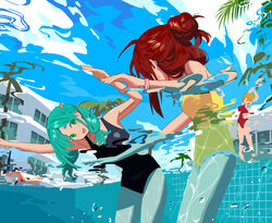  1boy 3girls ahoge aqua_hair armpits arms_up black_one-piece_swimsuit blonde_hair bracelet breasts caustics chaucer_(some1else45) check_commentary commentary_request day eyelashes feet_out_of_frame frilled_one-piece_swimsuit frills from_below green_eyes hair_bun hair_up highres hipa_(some1else45) horns jewelry long_hair looking_at_another medium_breasts multiple_girls nahia_(some1else45) one-piece_swimsuit open_mouth original outdoors palm_tree parted_bangs partially_submerged partially_underwater_shot pool red_hair red_one-piece_swimsuit sekoshi_(some1else45) short_hair small_breasts some1else45 stretching sweatdrop swimsuit thick_eyebrows thighs tree underwater_shot water yellow_one-piece_swimsuit 