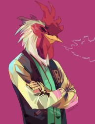  2016 akrolayn avian beak bird chicken clothing digital_media_(artwork) feathers galliform gallus_(genus) half-length_portrait hi_res hotline_miami humanoid_hands jacket letterman_jacket light lighting magenta_background male phasianid portrait shaded signature smile solo tan_body tan_feathers three-quarter_view topwear yellow_beak 