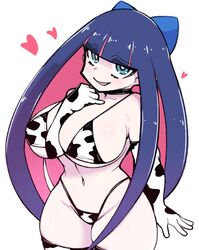  animal_print bikini black_choker black_hair blue_bow bow breasts choker cleavage colored_inner_hair commentary cow_print cow_print_bikini cowboy_shot elbow_gloves female gloves groin hairbow haseru_(ginku_mh) heart hime_cut long_hair looking_at_viewer multicolored_hair open_mouth panty_&amp;_stocking_with_garterbelt print_bikini simple_background solo stocking_(psg) swimsuit symbol-only_commentary thighhighs two-tone_hair white_background 