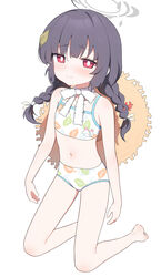  absurdres arms_at_sides bare_arms bare_legs bare_shoulders barefoot bikini black_hair blue_archive braid bright_pupils closed_mouth commentary english_commentary female full_body furrowed_brow halo hat hat_on_back highres kneeling leaf leaf_on_head leaf_print long_hair looking_at_viewer low_twin_braids miyu_(blue_archive) miyu_(swimsuit)_(blue_archive) navel official_alternate_costume print_bikini qkracho_(thesdroz) red_eyes simple_background solo straw_hat swimsuit twin_braids unworn_hat unworn_headwear wavy_mouth white_background white_bikini white_pupils 