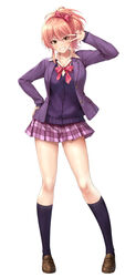  black_socks blazer blush commentary_request female full_body grin highres idolmaster idolmaster_cinderella_girls jacket jougasaki_mika looking_at_viewer miniskirt pink_hair pink_skirt plaid plaid_skirt pleated_skirt ponytail purple_jacket purple_vest simple_background skirt smile socks solo suien vest w w_over_eye white_background 