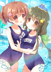  2girls antenna_hair asymmetrical_docking bare_arms blue_one-piece_swimsuit blunt_ends blush bow breast_press breasts brown_eyes brown_hair character_name clannad cleavage closed_mouth collarbone commentary_request covered_nipples cowboy_shot dango_daikazoku dango_hair_ornament eyes_visible_through_hair food-themed_hair_ornament frown furukawa_nagisa green_bow hair_between_eyes hair_ornament hair_ribbon hairbow hairclip haruchimo hug ibuki_fuuko impossible_clothes long_hair looking_at_viewer medium_breasts medium_hair multiple_girls one-piece_swimsuit open_mouth paid_reward_available ponytail pool ribbon school_swimsuit side-by-side sidelocks small_breasts snail sparkle standing star_(symbol) star_hair_ornament swimsuit very_long_hair water water_drop wet wet_clothes wet_swimsuit white_ribbon |_| 