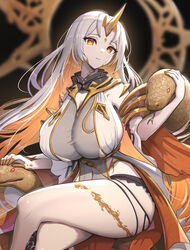  absurdres animal blonde_hair bodysuit breasts commentary female fire_emblem fire_emblem_heroes forehead_jewel giant_snake gold_horns gold_trim gonzarez grey_bodysuit gullveig_(fire_emblem) highres horns huge_breasts multicolored_hair oversized_animal pale_skin revision single_horn snake snake_hair solo white_hair yellow_eyes yellow_horns 