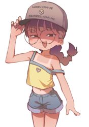  adjusting_clothes adjusting_headwear arm_at_side bare_shoulders brown_hair camisole clothing_cutout commentary cowboy_shot crying_emoji denim denim_shorts emoji english_text female glasses half-closed_eyes hat headwear_writing heart_cutout highres looking_at_viewer medium_hair meme mesugaki midriff navel oerba_yun_fang open_mouth orenji_(wholesomeorenji) original round_eyewear shaded_face short_shorts shorts simple_background smile smirk solo standing strap_slip tan tanlines uohhhhhhhhh!_(meme) white_background yellow_camisole 