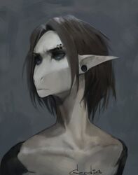  2018 akrolayn alien ambiguous_gender anthro blue_eyes brown_hair bust_portrait digital_media_(artwork) digital_painting_(artwork) eyebrow_piercing facial_piercing geodis_(species) grey_background grey_sclera hair hi_res humanoid looking_aside piercing portrait prick_ears realistic_lighting realistic_shading shaded short_hair signature simple_background solo valetta_(akrolayn) white_body white_skin 