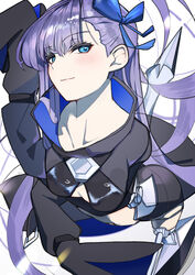  absurdres armored_boots blue_eyes blue_ribbon blush boots breasts fate/extra fate/extra_ccc fate/grand_order fate_(series) female hair_ribbon highres long_hair long_sleeves looking_at_viewer masini-mashini615 meltryllis_(fate) navel prosthesis prosthetic_leg purple_hair ribbon sleeves_past_fingers sleeves_past_wrists small_breasts smile solo thighs very_long_hair 