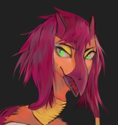  2020 akrolayn ambiguous_gender anthro avian beak digital_media_(artwork) digital_painting_(artwork) eyebrows feathers green_eyes headshot_portrait horn magenta_hair nevrean open_mouth orange_body orange_feathers portrait purple_beak red_tongue shaded solo tongue yellow_eyelids yellow_neck 