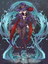  absurdres bodysuit breasts brown_bodysuit cleavage cleavage_cutout clothing_cutout earrings female full_body genshin_impact green_eyes grey_background hair_ornament hat highres jewelry long_hair looking_at_viewer mona_(genshin_impact) purple_hair simple_background solo sooner standing twintails very_long_hair witch witch_hat 