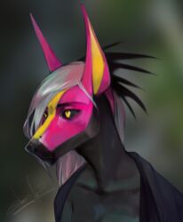  2019 akrolayn anthro black_body black_eyebrows black_fur black_nose black_sclera bust_portrait canid canine clothed clothing digital_media_(artwork) digital_painting_(artwork) eyebrows fur hair male mammal multicolored_body multicolored_fur pink_body pink_ears pink_fur portrait signature silver_hair solo three-quarter_view yellow_body yellow_eyes yellow_fur yellow_inner_ear 