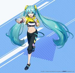  aqua_eyes aqua_hair aqua_nails artist_name bare_shoulders black_footwear black_pants blue_background boxing capri_pants clenched_hands clothing_cutout commentary company_name controller copyright_notice cropped_jacket crypton_future_media female fingerless_gloves fitness_boxing fitness_boxing_feat._hatsune_miku:_isshoni_exercise foreshortening full_body game_controller gloves hair_ornament handheld_game_console hatsune_miku holding holding_controller holding_game_controller holding_handheld_game_console iwato1712 jacket joy-con lanyard light_smile long_hair midriff nail_polish navel nintendo_switch official_art open_mouth outstretched_arm pants piapro shoulder_cutout solo sports_bra standing standing_on_one_leg striped striped_background track_pants twintails v-shaped_eyebrows very_long_hair vocaloid white_gloves yellow_jacket 