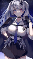  +_+ absurdres armored_skirt black_choker black_coat black_skirt blue_eyes blue_necktie breasts chest_belt choker coat collared_shirt cowboy_shot cross_hair_ornament dress_shirt earrings female grey_hair hair_between_eyes hair_ornament heterochromia highres jewelry large_breasts long_hair long_sleeves looking_at_viewer miniskirt necktie neo-porte night official_alternate_costume pink_eyes pleated_skirt school_uniform shirt skirt sky sleeves_pushed_up smile solo star_(sky) starry_sky tanaka_(vgnu3845) tentei_forte triangle_earrings twintails virtual_youtuber white_shirt wing_collar 