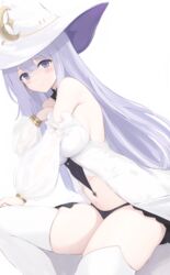  azur_lane black_panties breasts commentary_request crescent crescent_hat_ornament detached_sleeves dress female from_side guichen_(azur_lane) hat hat_ornament large_breasts large_hat leaning_forward long_hair looking_at_viewer panties partial_commentary puffy_sleeves purple_eyes purple_hair sa_(nax49) see-through see-through_sleeves showgirl_skirt simple_background solo thighhighs underwear white_background white_dress white_hat white_theme white_thighhighs witch_hat 